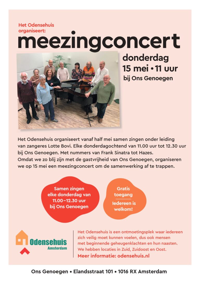 Donderdag 15 mei Meezingconcert bij Ons Genoegen