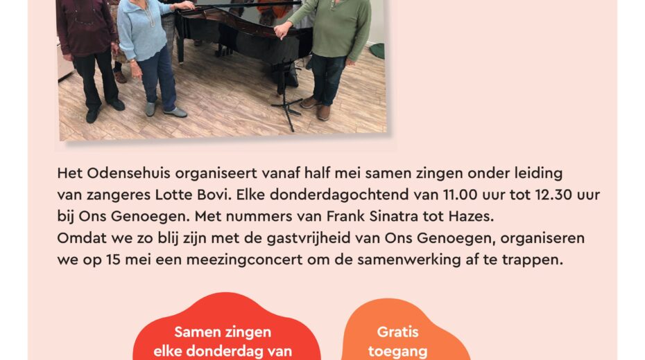 Donderdag 15 mei Meezingconcert bij Ons Genoegen